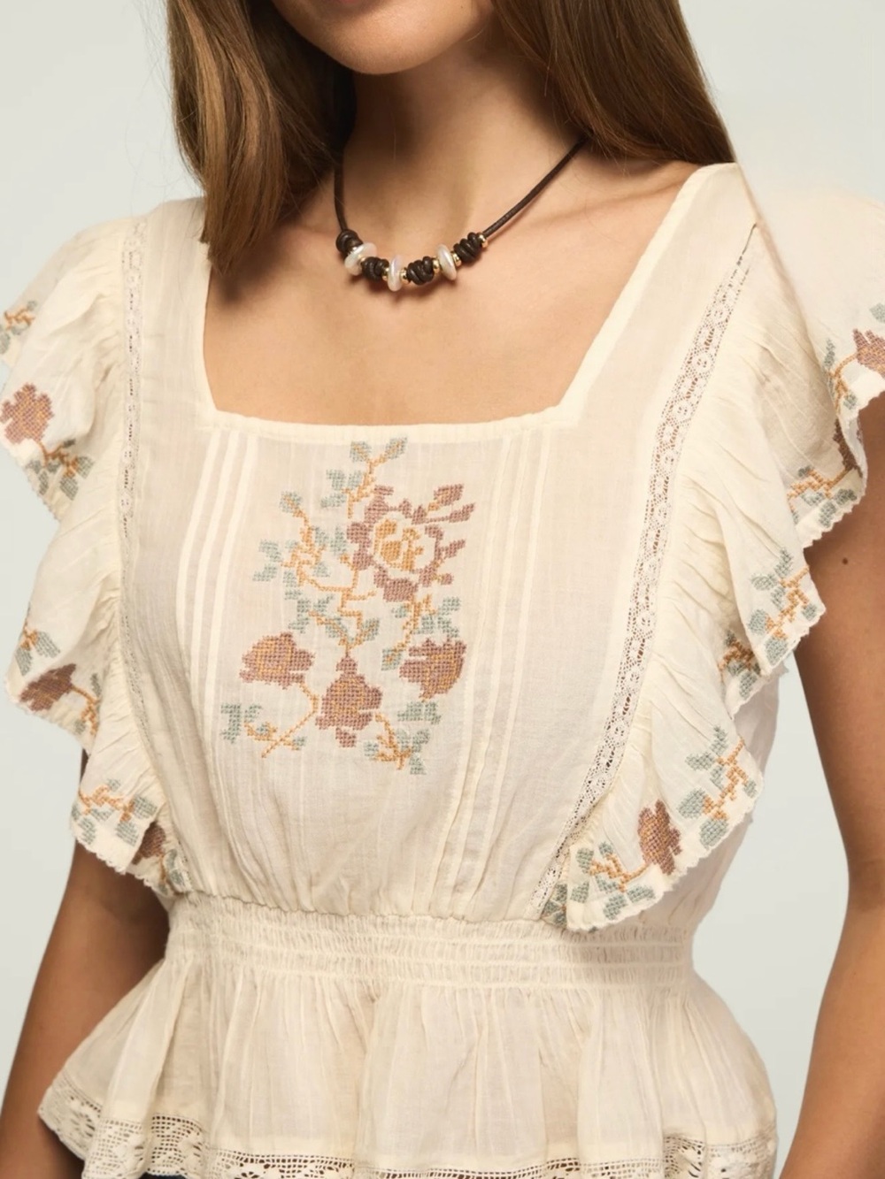 Lucky Brand Lace-Trim Square Neck Contrast Embroidered Ruffle Peplum Top - Picture 2 of 5